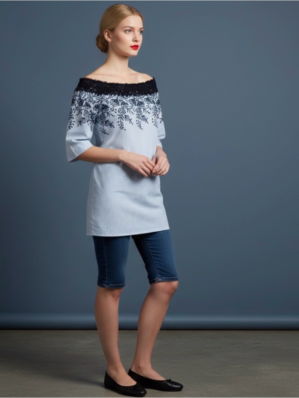 FLYING TOMATO 🍅 SHEATH. Seersucker Off-Shoulder MiniDress/Tunic w/Crochet Detail